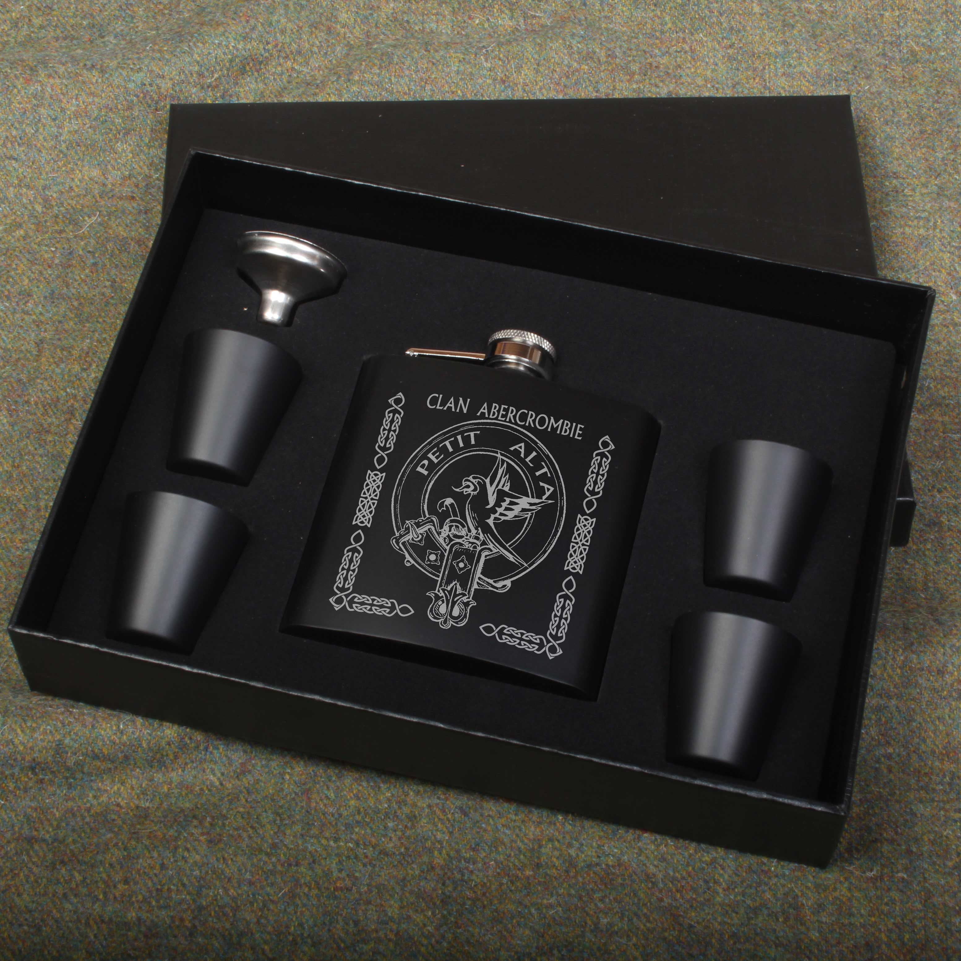 Abercrombie Clan Crest engraved 6oz Matt Black Hip Flask Gift Set with Cups and Funnel
