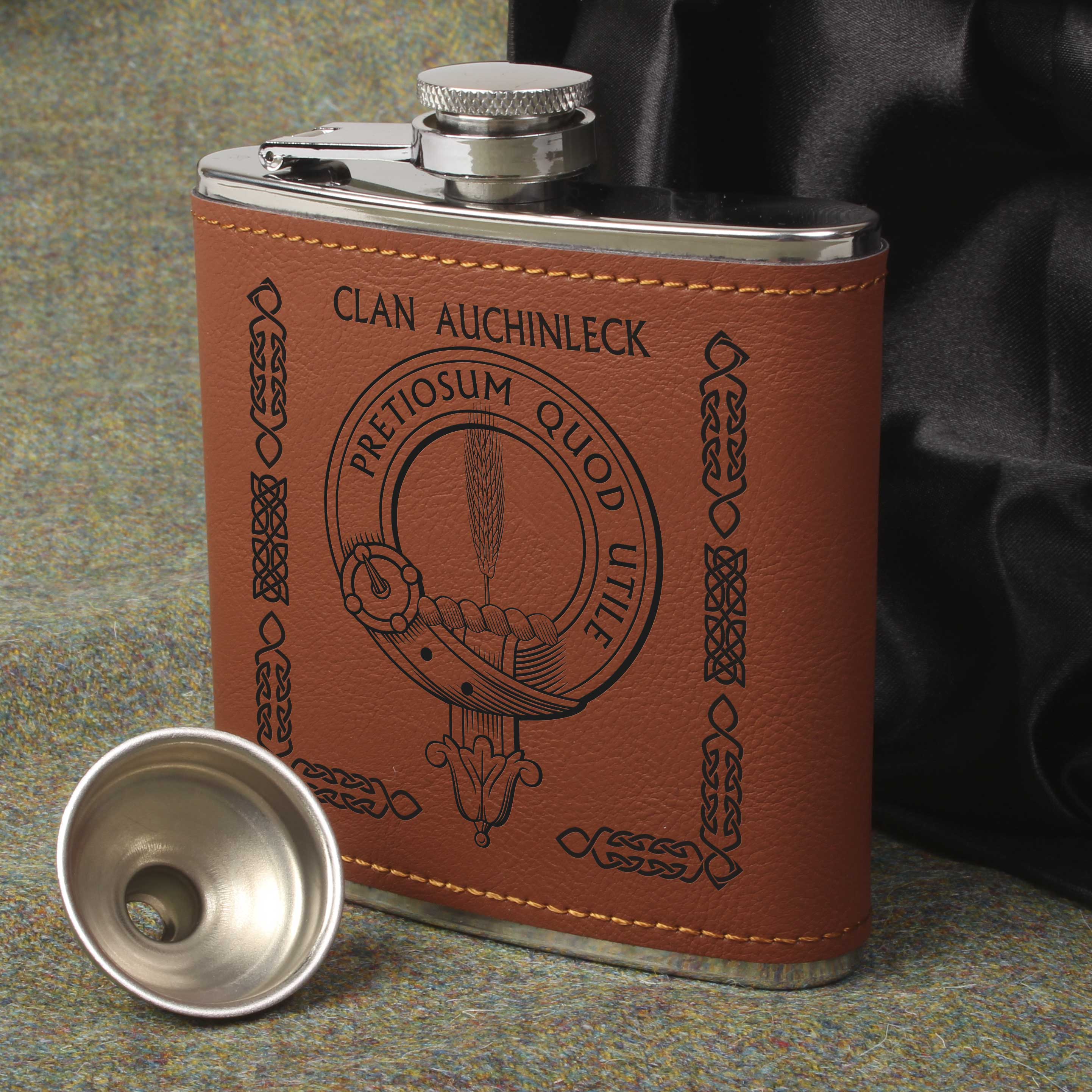 Auchinleck Clan Crest PU Leather Covered Hip Flask