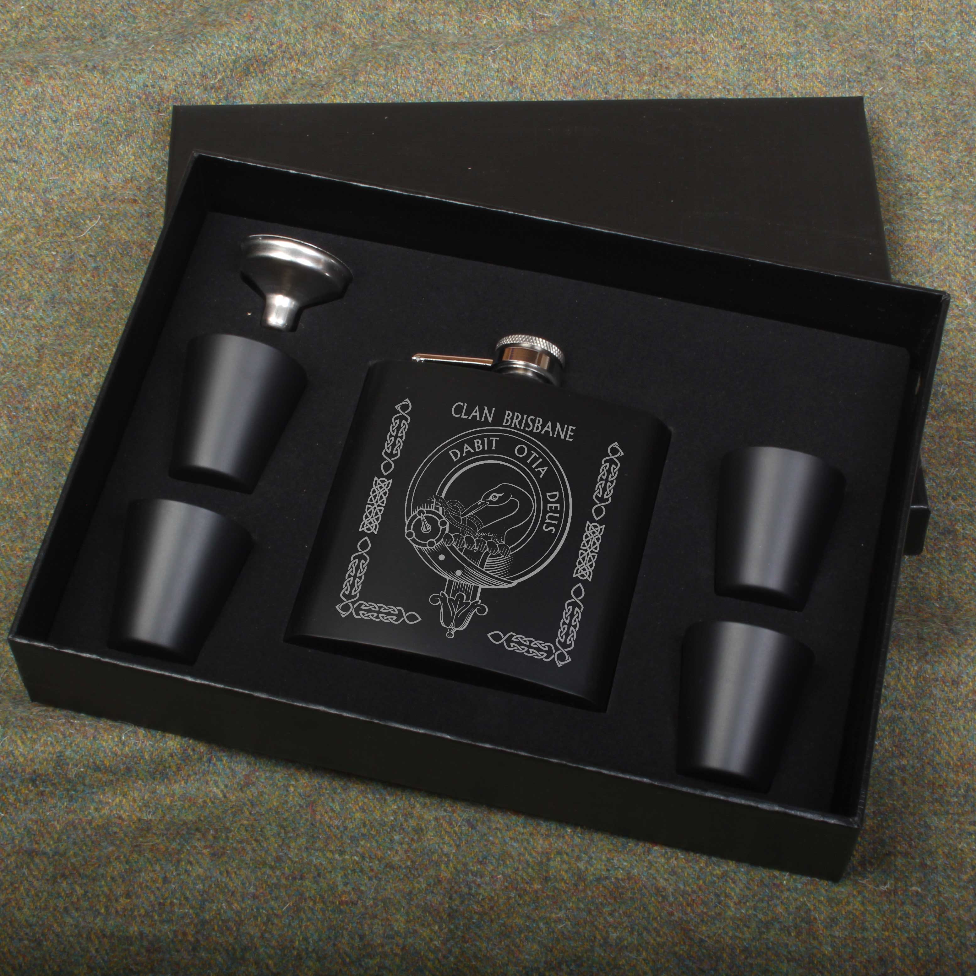 Brisbane Clan Crest Engraved 6oz Matt Black Hip Flask Gift Set with Cups and Funnel