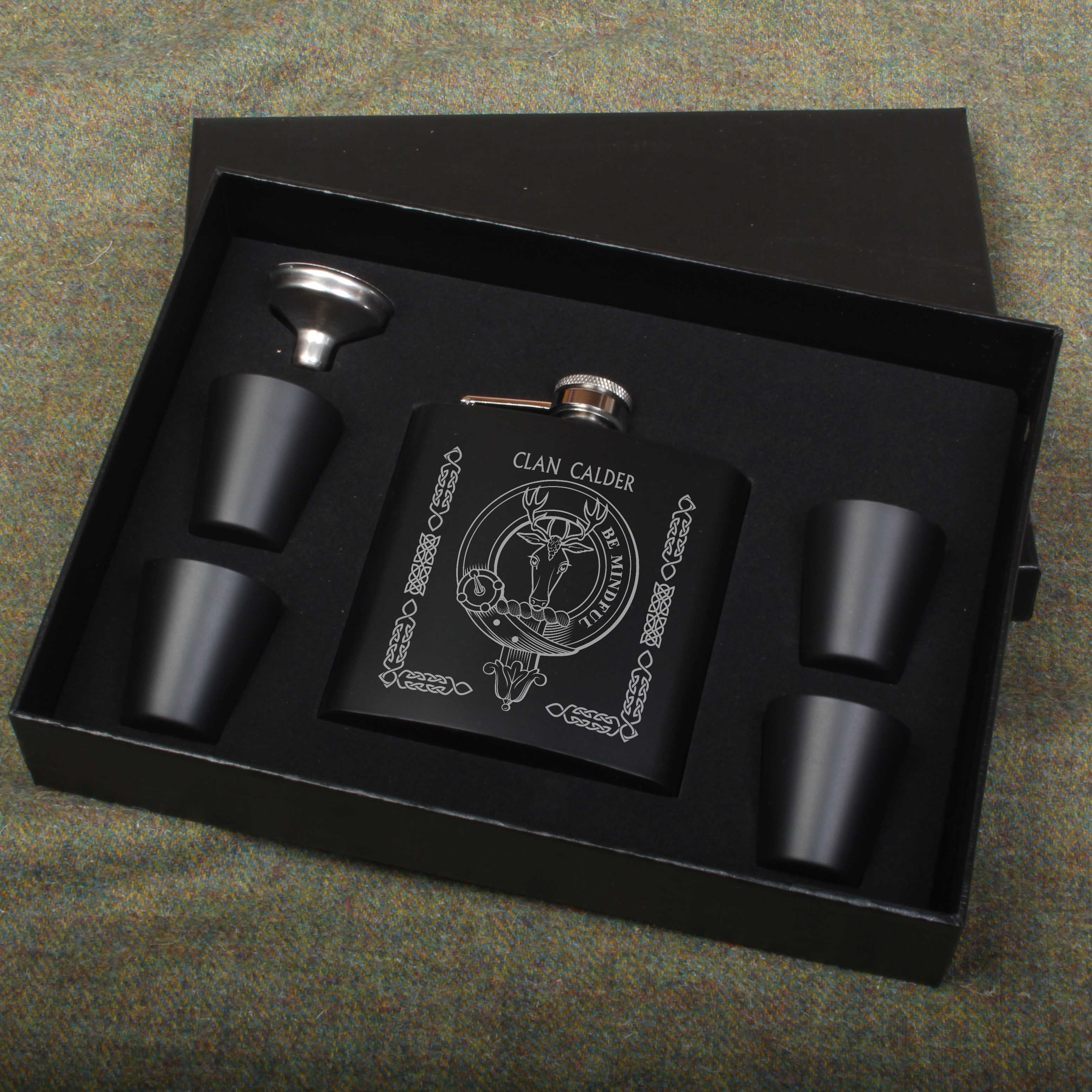 Calder Clan Crest Engraved 6oz Matt Black Hip Flask Gift Set with Cups and Funnel