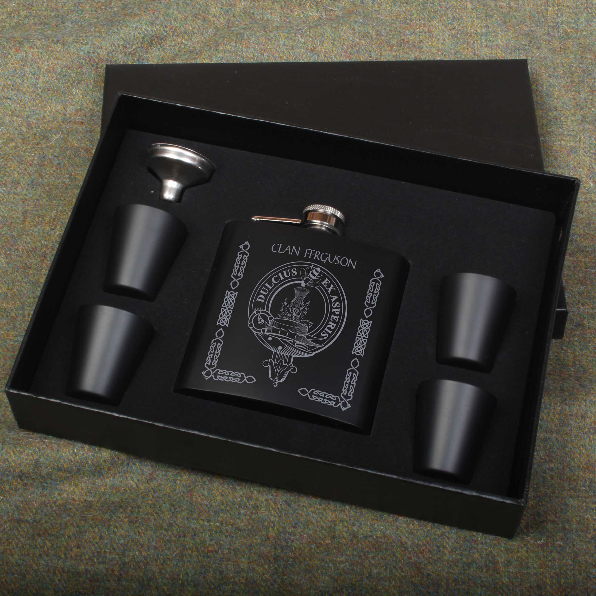 Ferguson Clan Crest engraved 6oz Matt Black Hip Flask Gift Set with Cups and Funnel