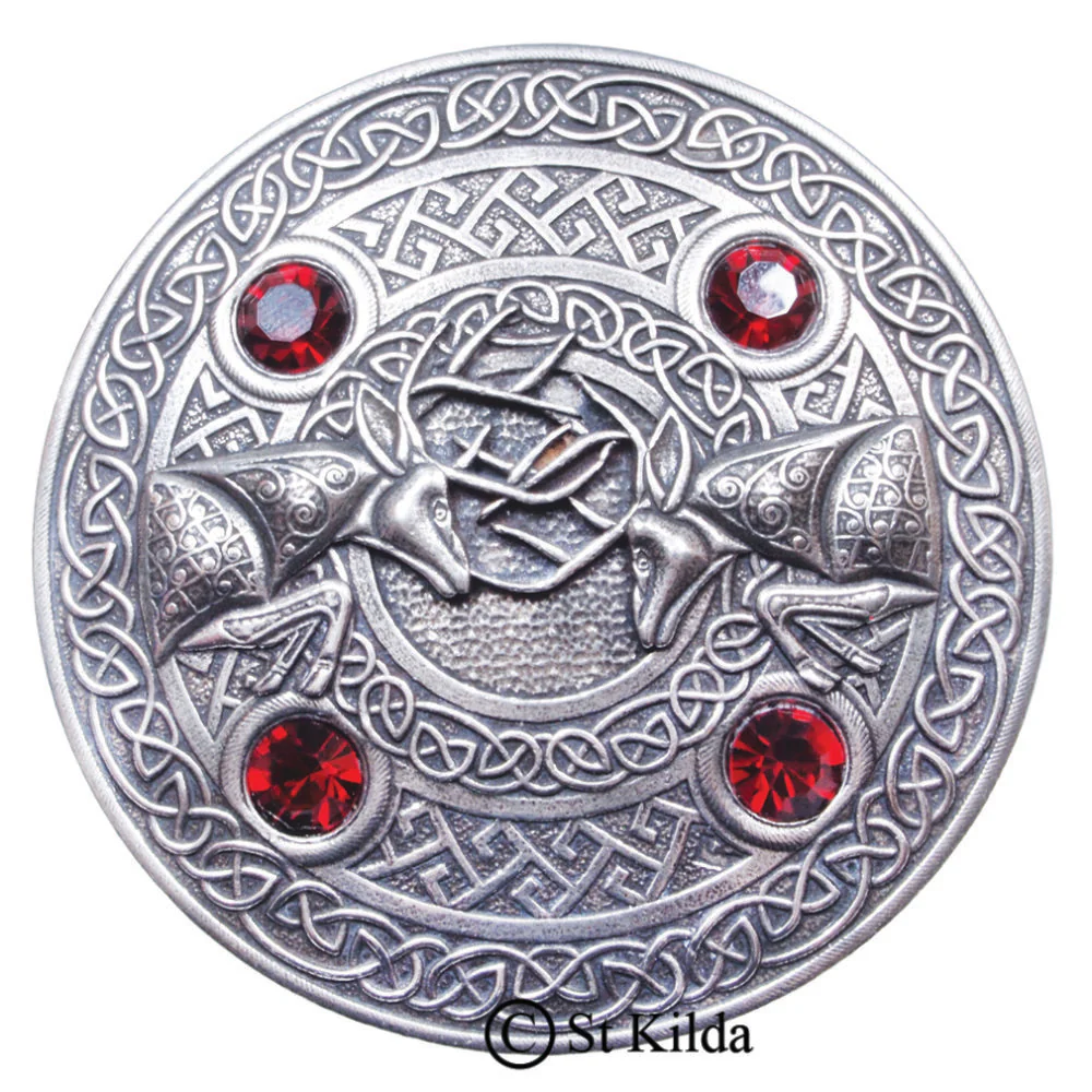 Fighting Stags 4 Stone Pewter Plaid Brooch