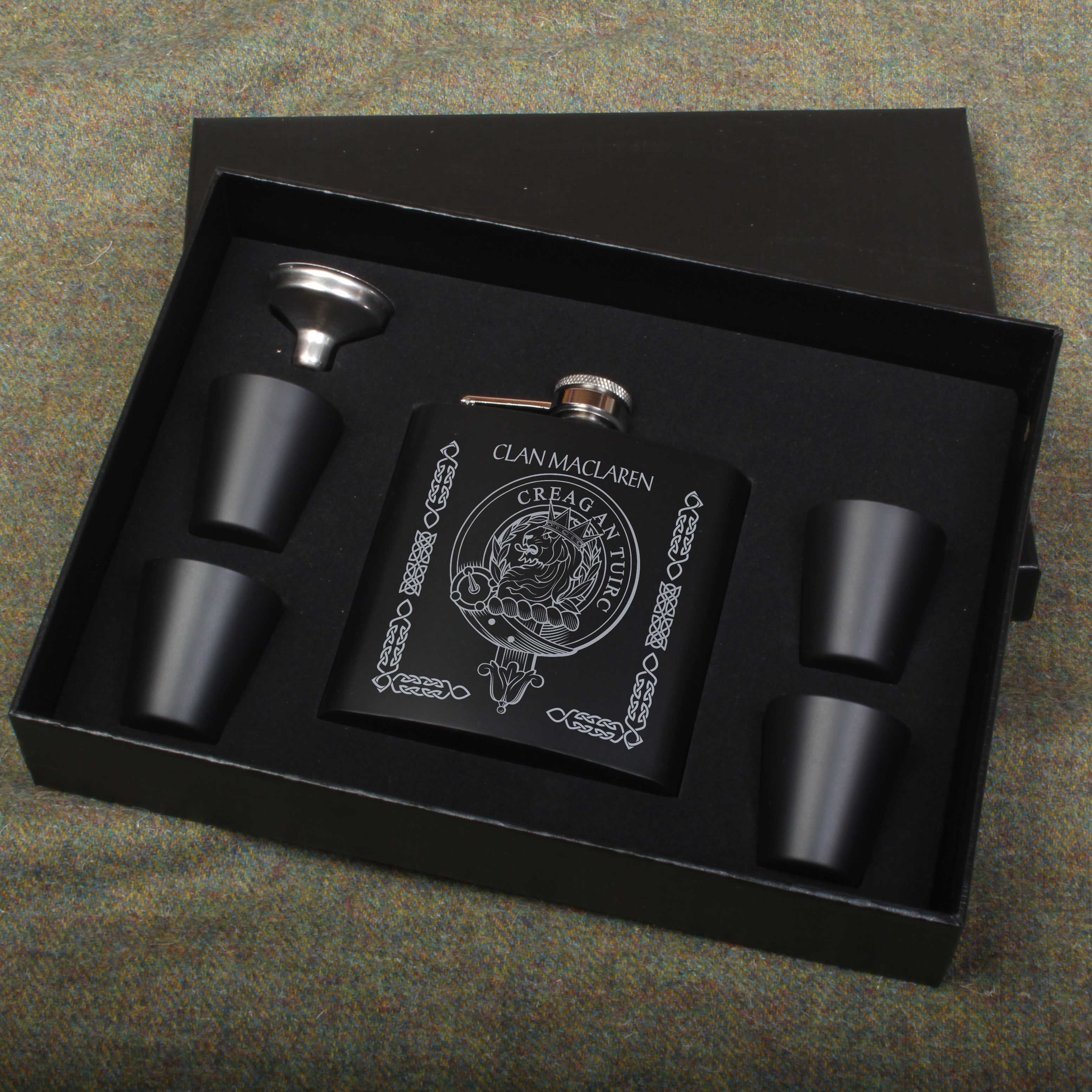 MacLaren Clan Crest engraved 6oz Matt Black Hip Flask Gift Set with Cups and Funnel