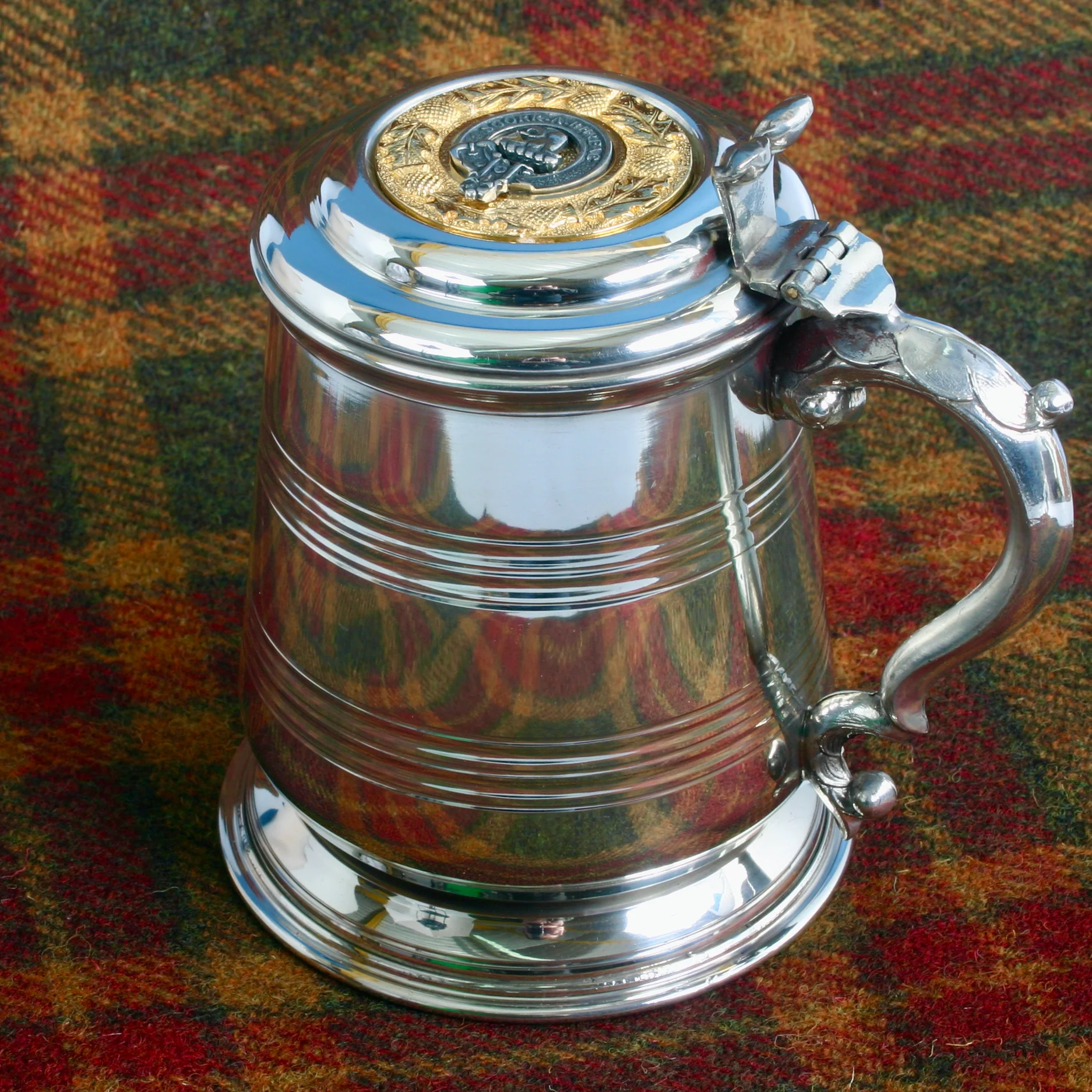 Pewter Tankard With Gold Trim and MacNicol Clan Crest.